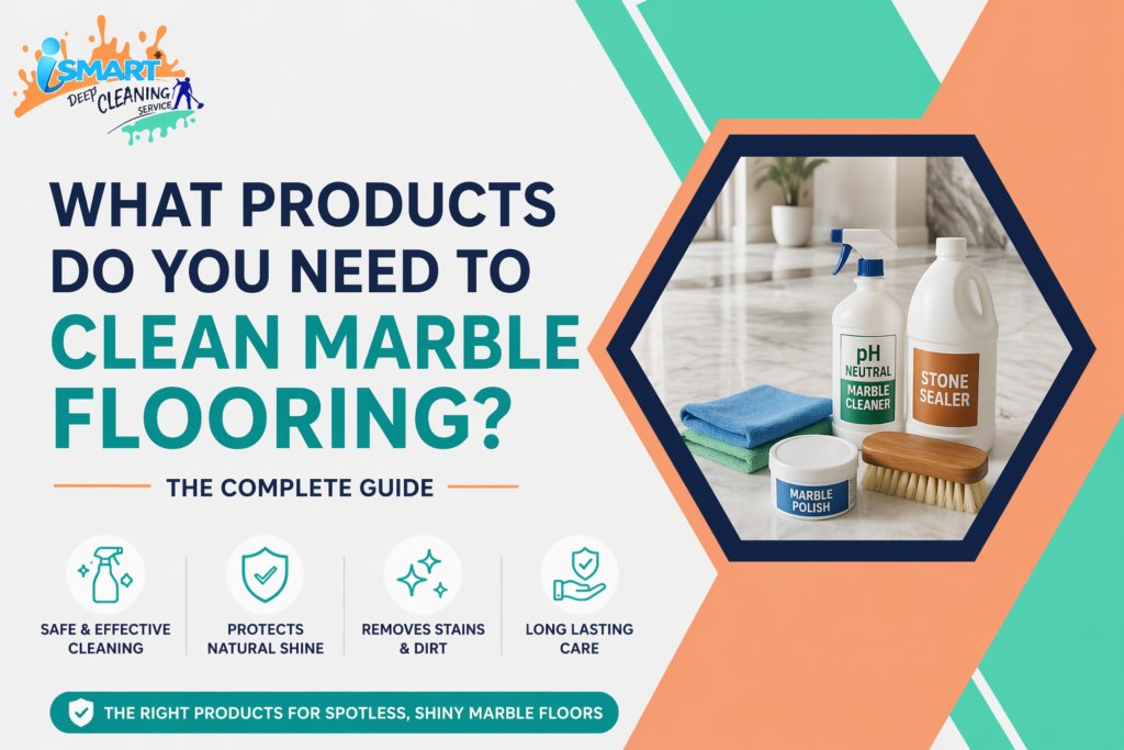 Essential marble floor cleaning products like pH neutral cleaner, microfiber cloth, stone sealer and polish for maintaining shiny marble floors in Vijayawada